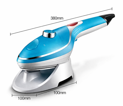 Blue handheld steamer with measurements on a white background