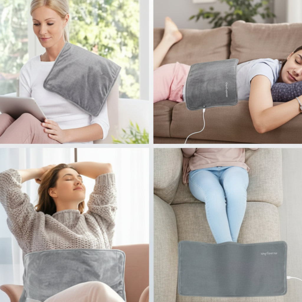 Collage of a woman using a gray heating pad in various settings.