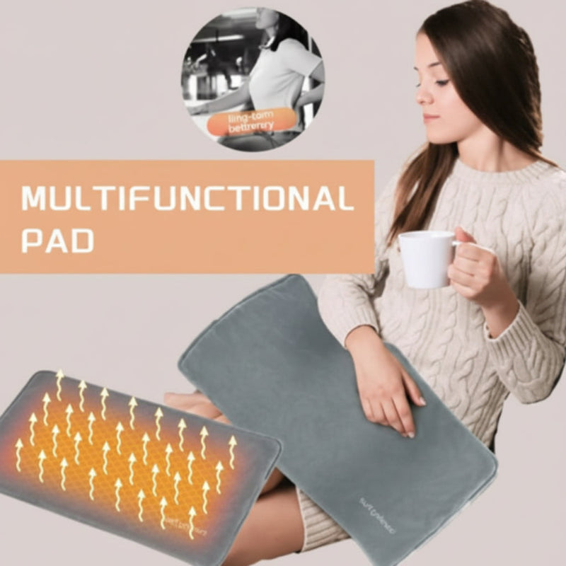 Multifunctional pad with heating element and woman holding a mug, labeled 'Multifunctional Pad'.