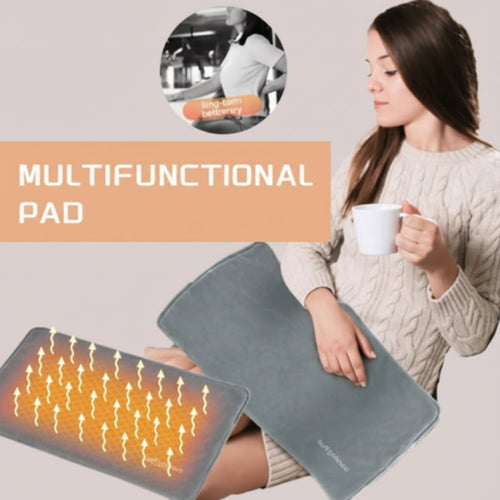 Multifunctional pad with heating element and woman holding a mug, labeled 'Multifunctional Pad'.