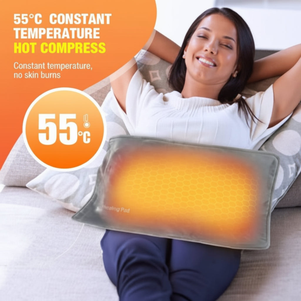 Woman lying on a couch with a 55°C constant temperature hot compress.