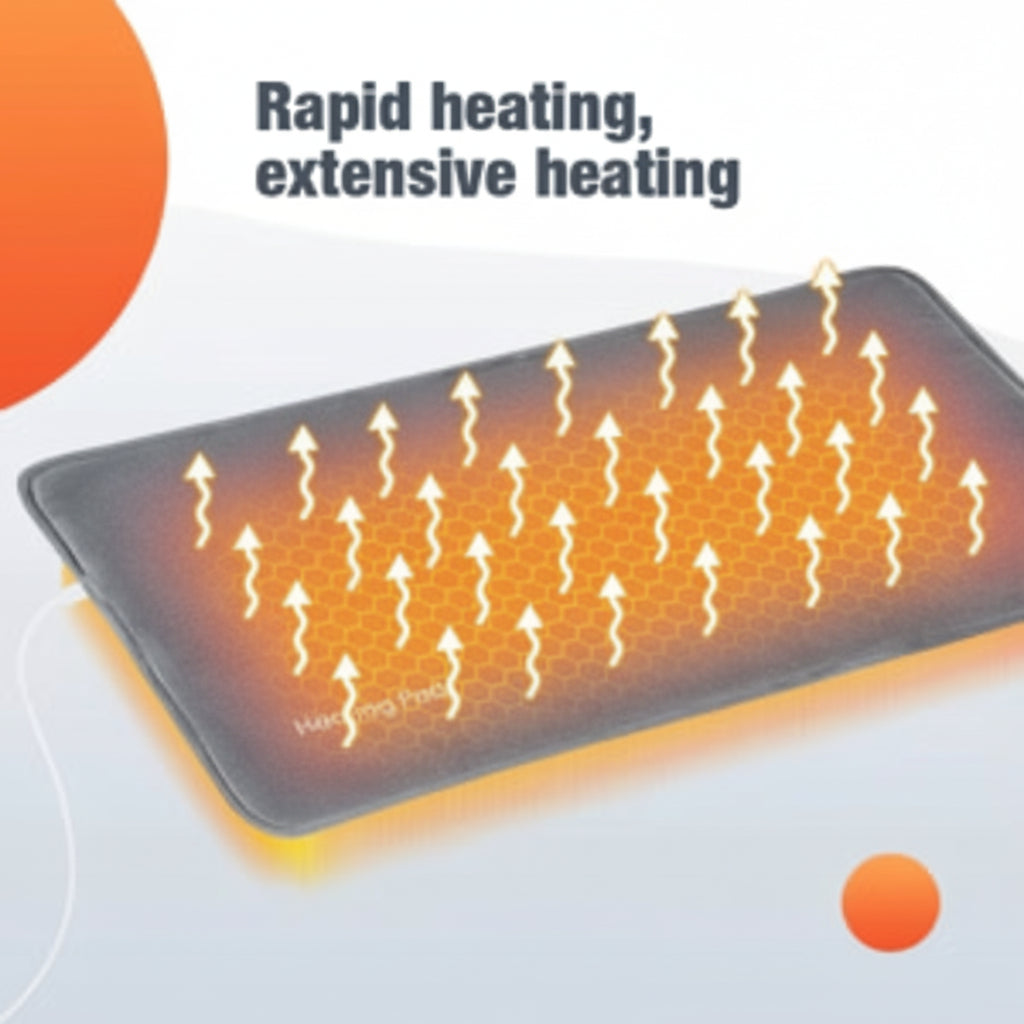 Heating pad with heating arrows and text 'Rapid heating, extensive heating' on a white background