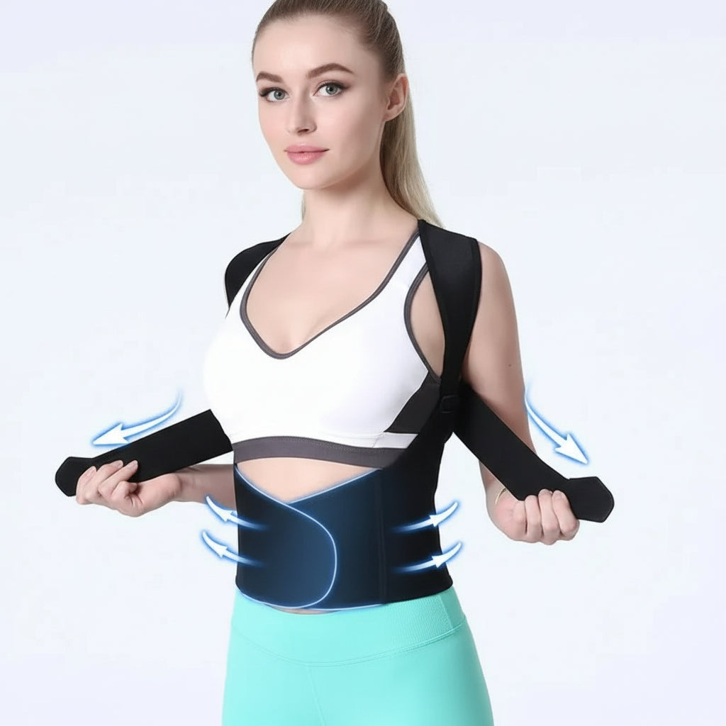 Woman wearing a black posture corrector against a light gray background