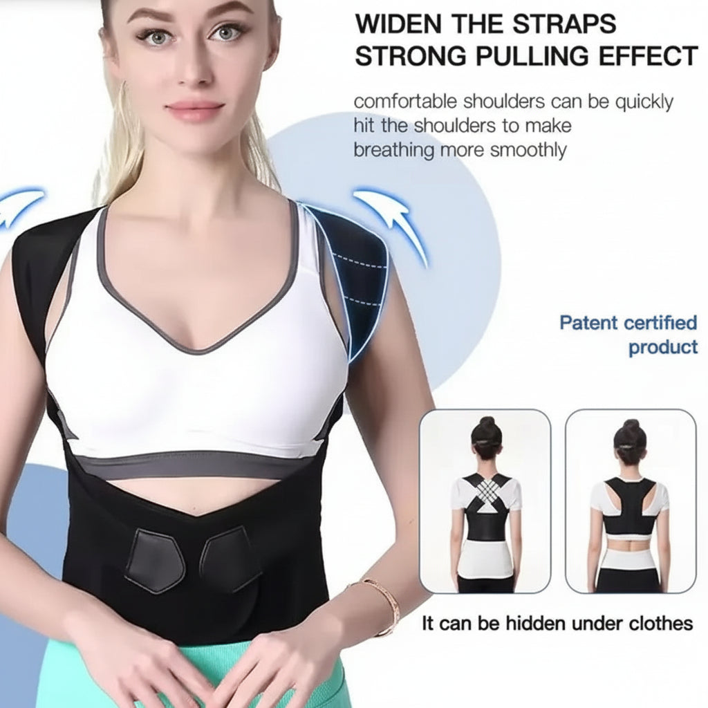 Woman wearing a black posture corrector with text on a white background