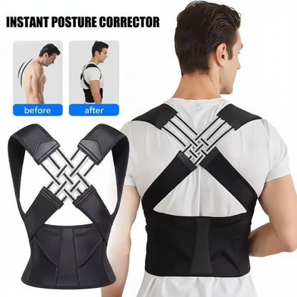 Back posture corrector with before and after illustration on a white background