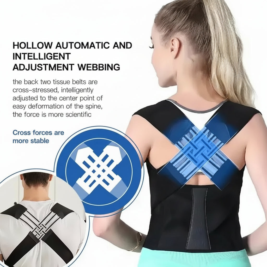 Woman wearing a black and blue back support brace with text and diagrams on a white background