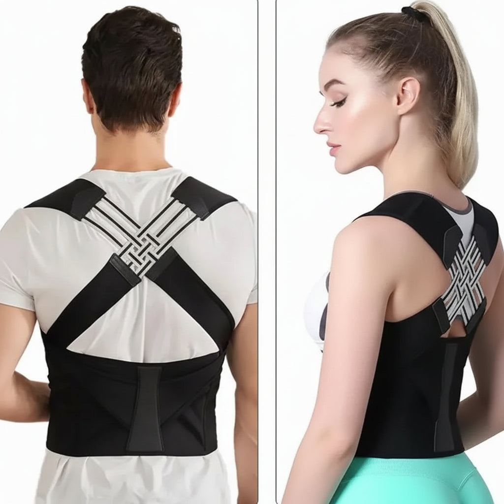 Two people wearing black posture correctors on a white background