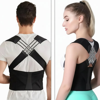 Two people wearing black posture correctors on a white background