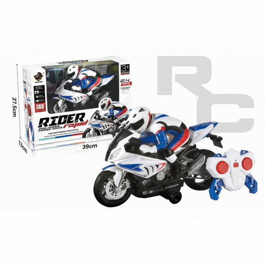 Toy motorcycle with remote control and packaging on a white background