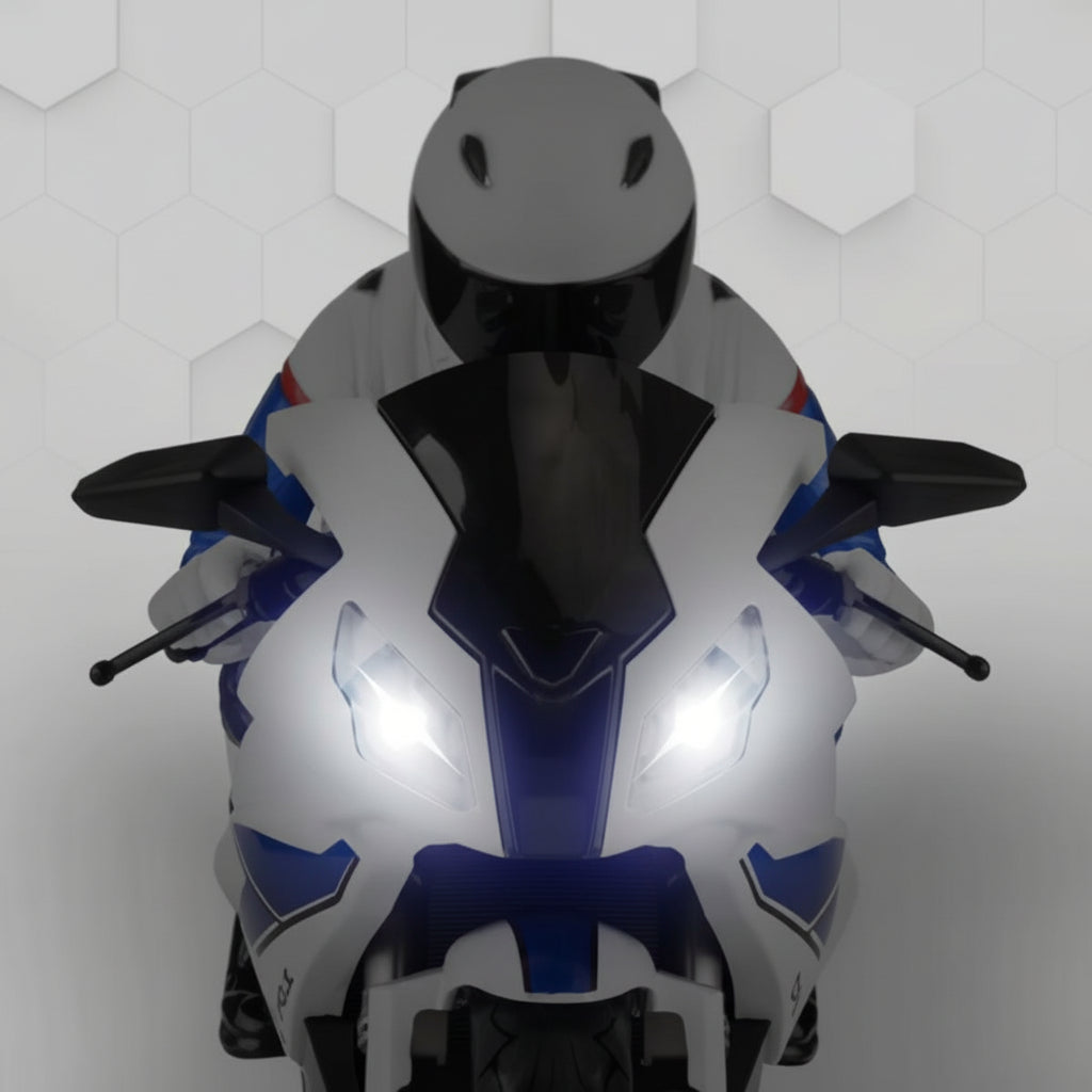 White and blue motorcycle with black accents on a white background