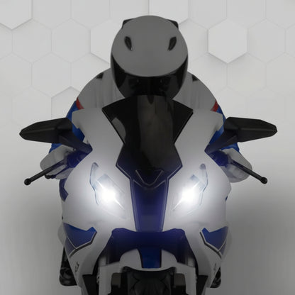 White and blue motorcycle with black accents on a white background