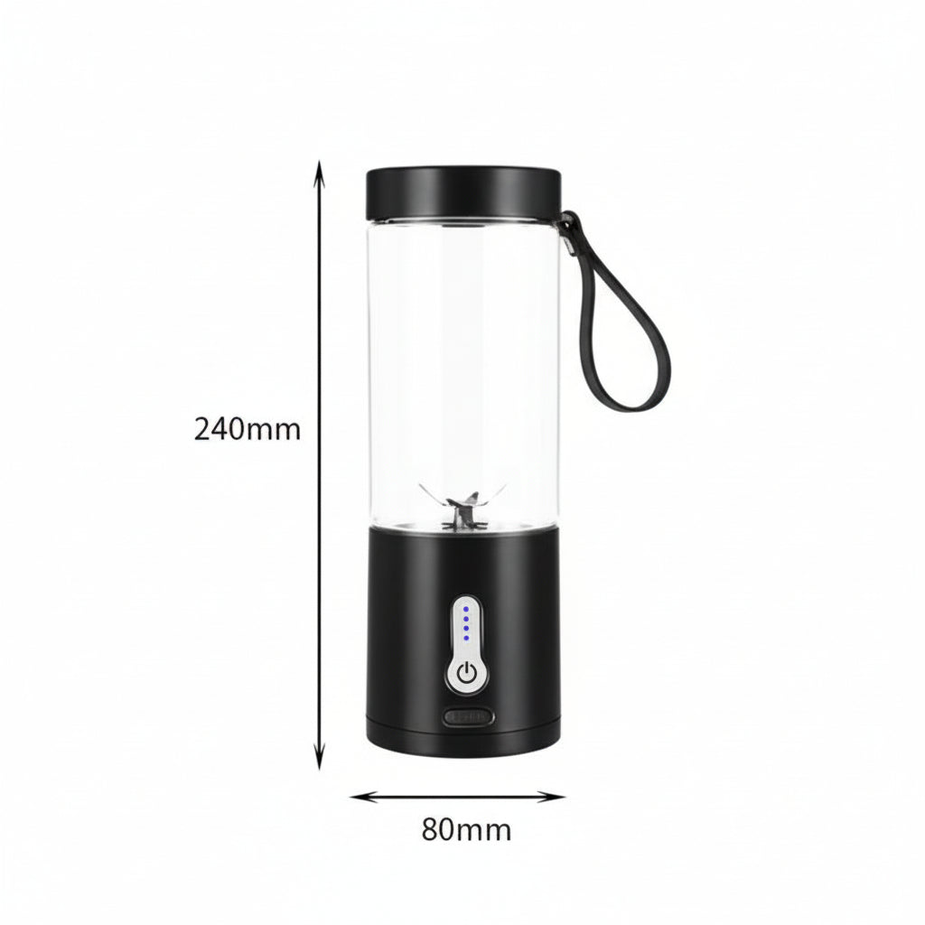 Black portable blender with measurements on a white background