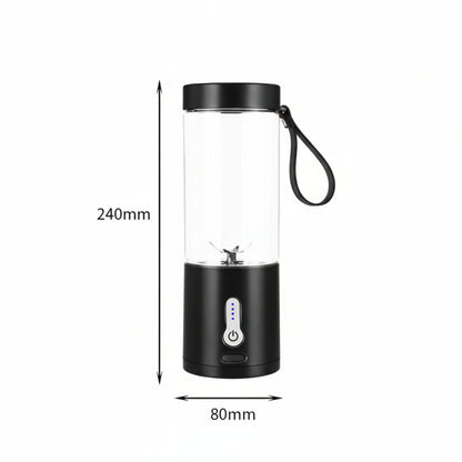 Black portable blender with measurements on a white background