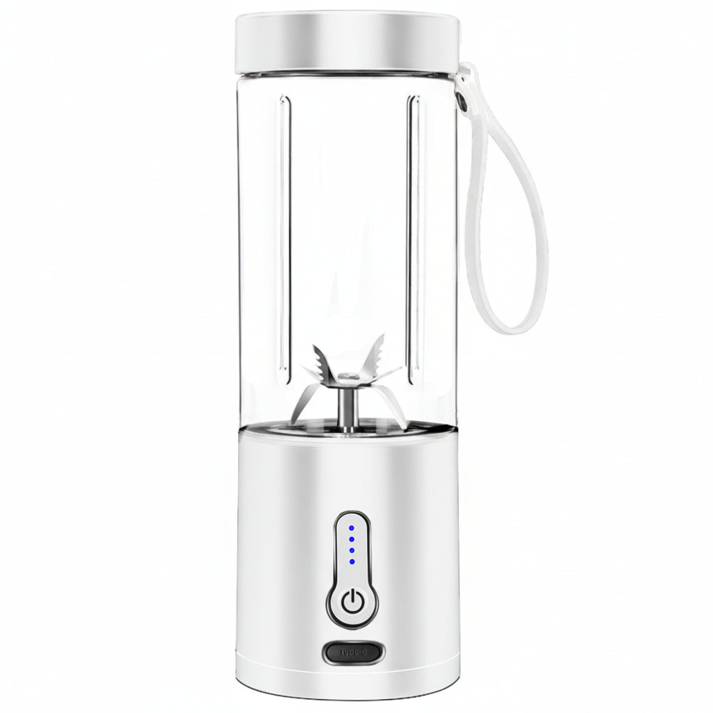 Portable blender with a white base and clear container on a white background