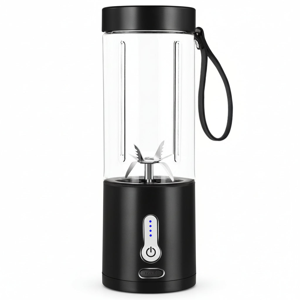 Black portable blender with clear lid on a white background