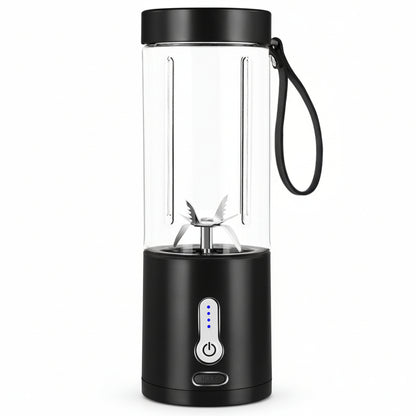 Black portable blender with clear lid on a white background