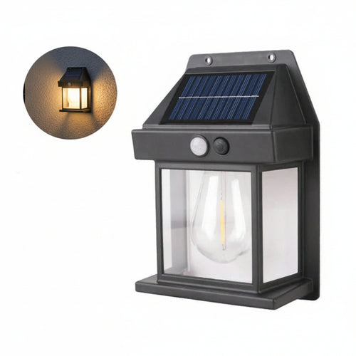 Solar-powered outdoor wall light with motion sensor on a white background