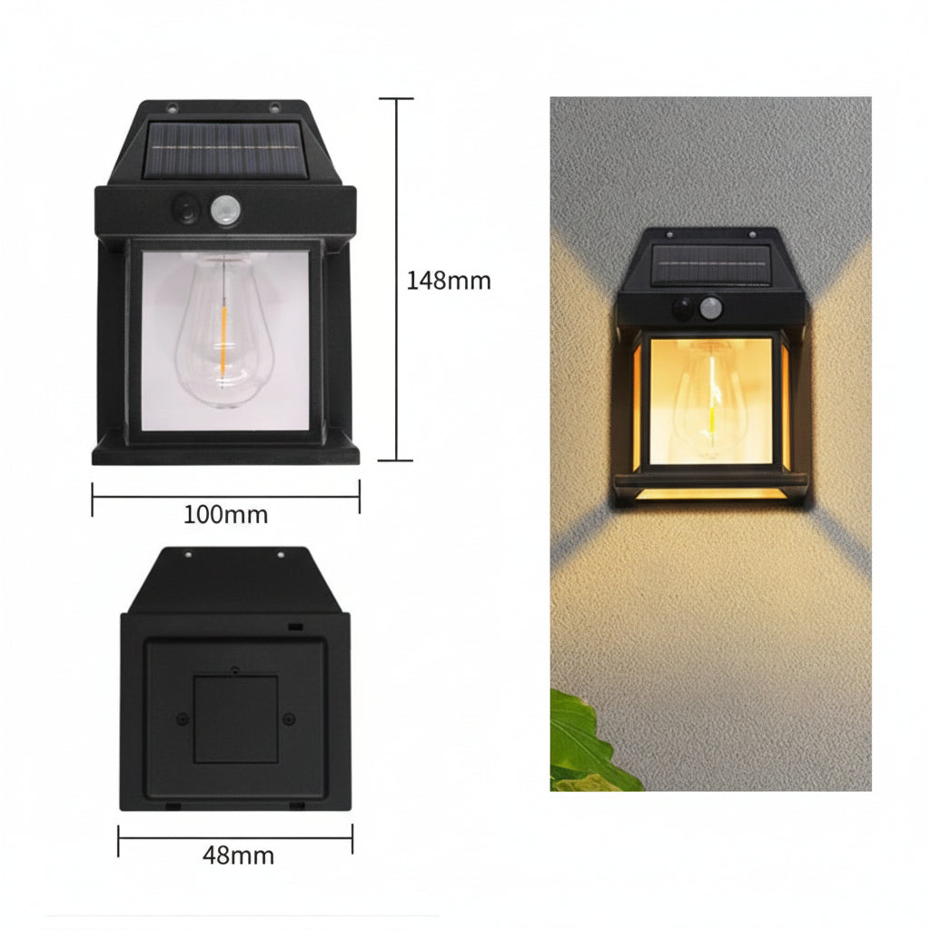 Solar-powered outdoor light with dimensions and installation example on a white background