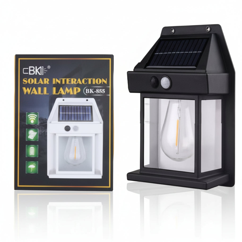 Solar wall lamp with packaging displaying product details