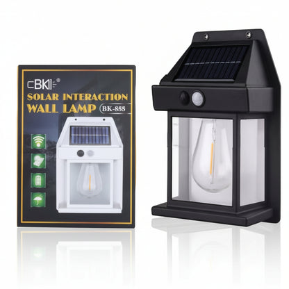 Solar wall lamp with packaging displaying product details