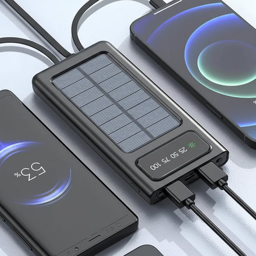 Solar power bank with smartphone chargers on a light gray background