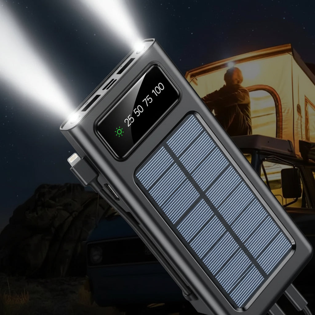 Solar-powered portable charger with flashlight and digital display in a dark setting.