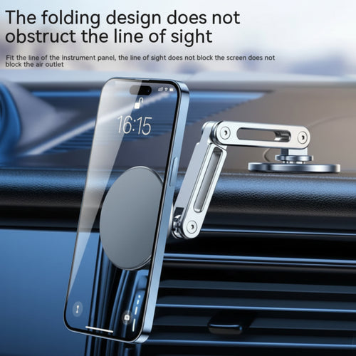 Car phone holder with smartphone on a car dashboard, showing the folding design.