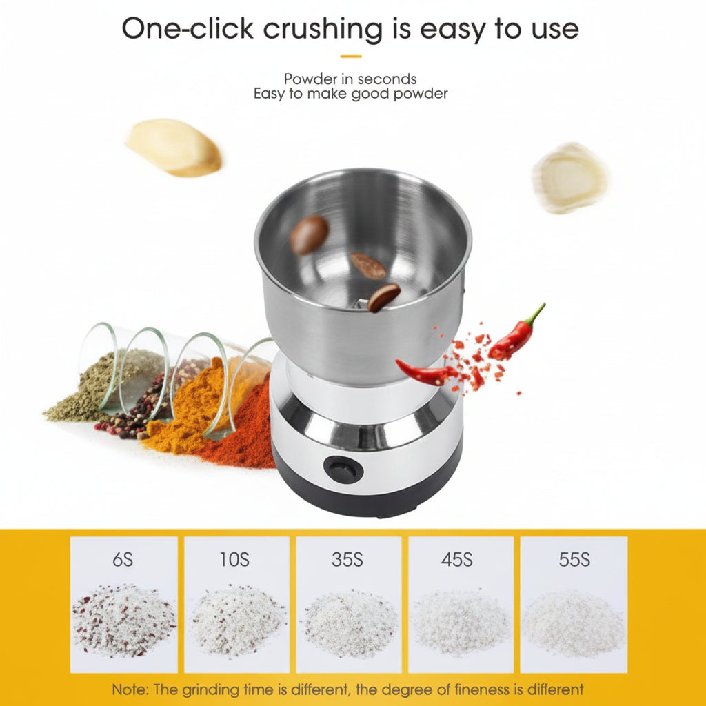 Stainless steel spice grinder with text on one-click crushing and grinding time indicators.
